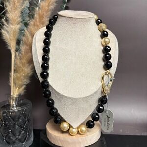 Bella Pietra Black Onyx Beaded Necklace | Pearl‎ Accent Crystal Clasp | NWT
